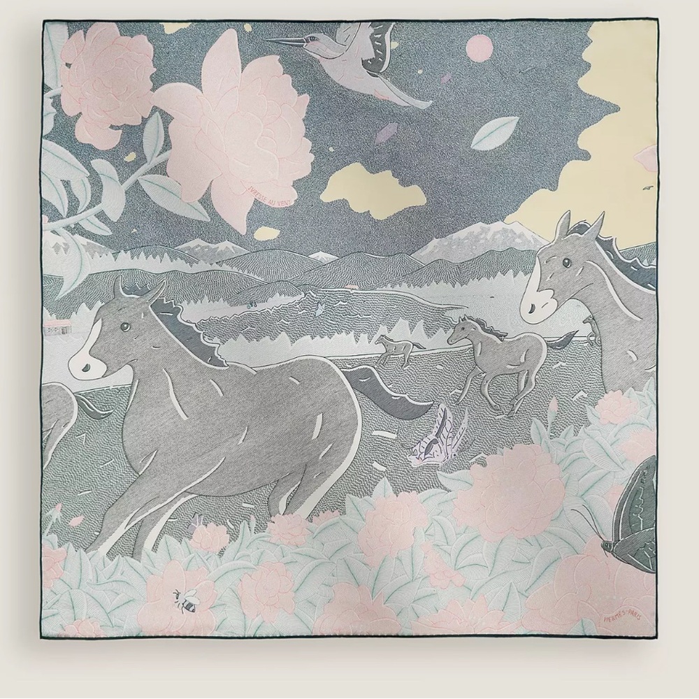Hermes Pink and Gray Horse Print Scarf Ivresse Au Vent scarf 70 Blue Silk